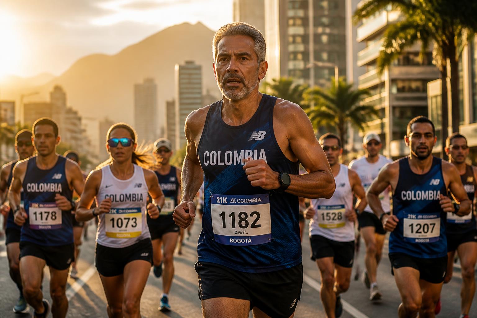 Corredores en una carrera atlética profesional en Colombia al amanecer